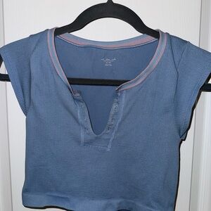 Urban Outfitters Blue Ribbed Short Sleeve Top with Pink Trim